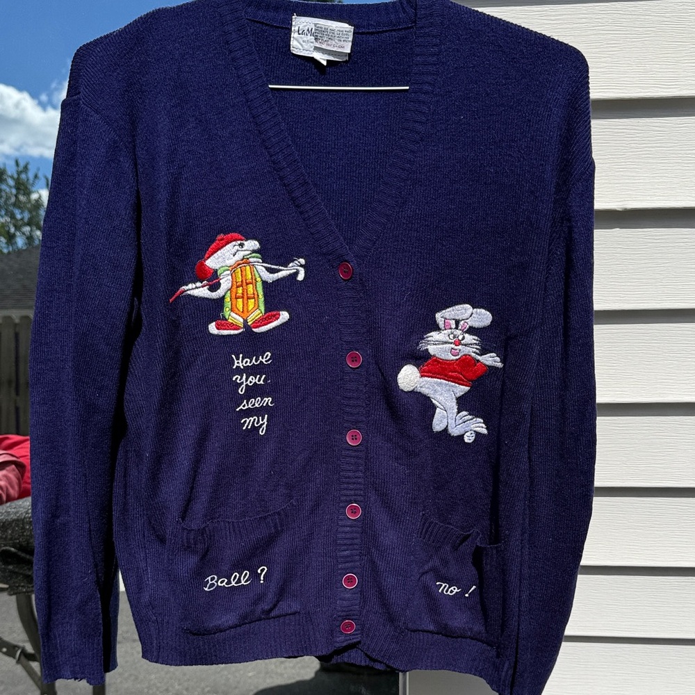 Vintage Navy Cardigan with Embroidered Characters